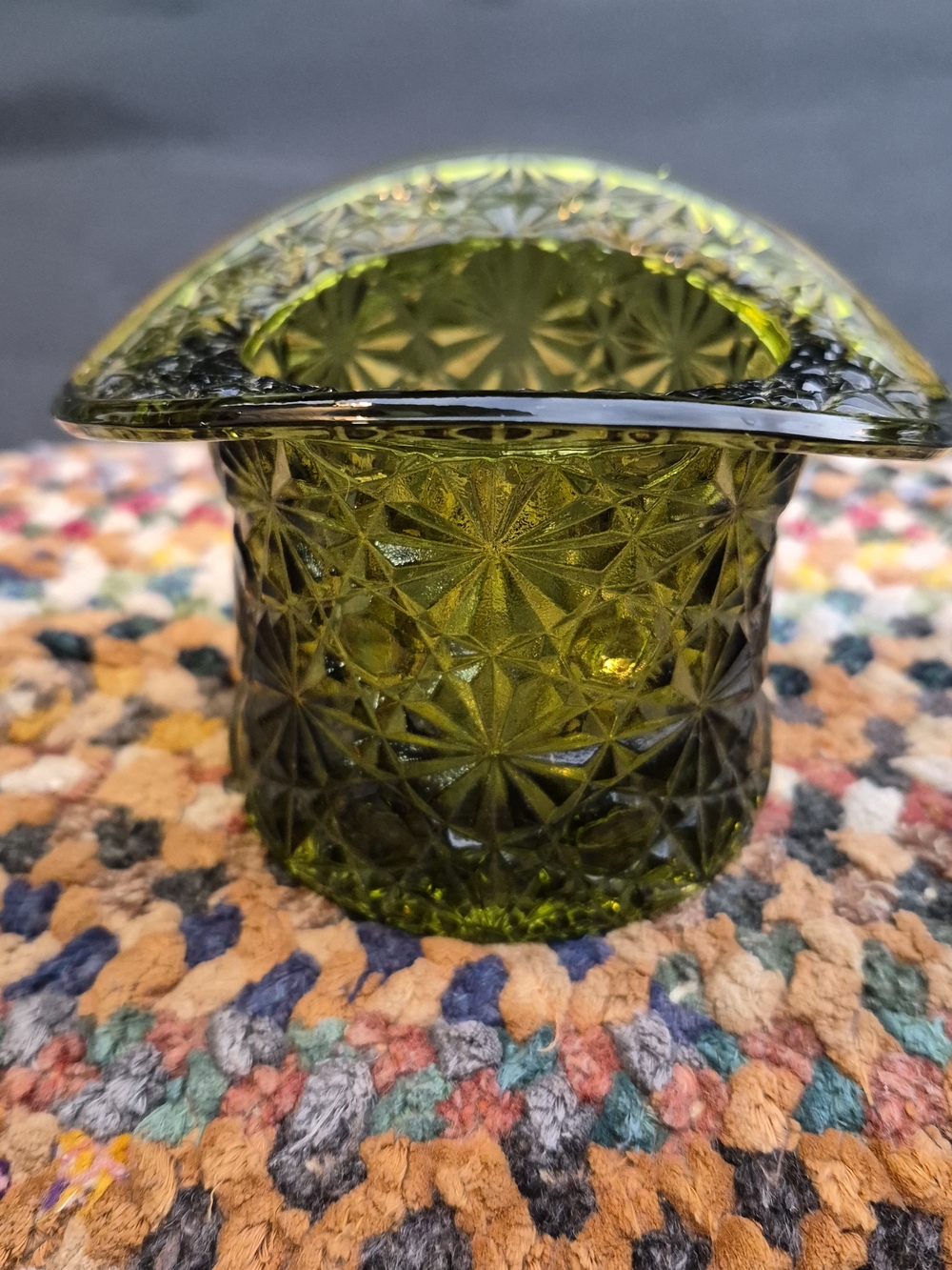 Olive Green Pressed Glass Dish - Starburst Pattern